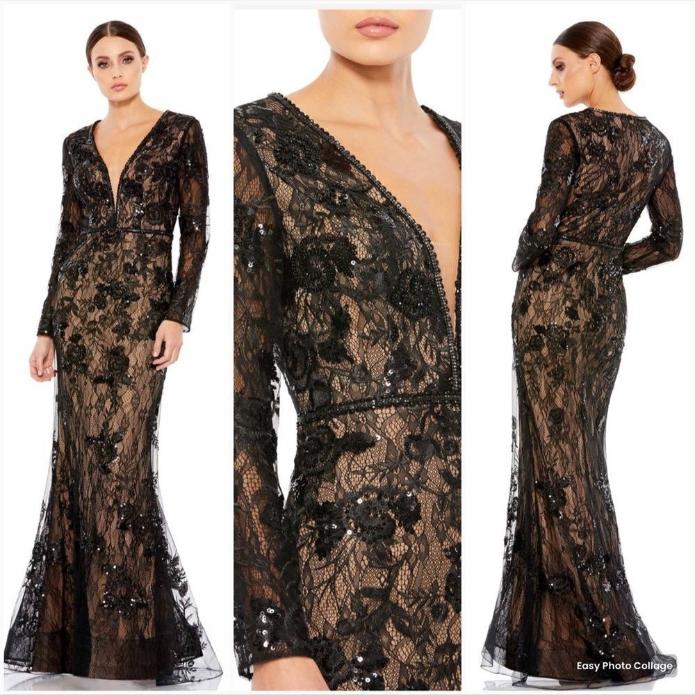 Mac Duggal 79351  Womens Black Embellished Long Sleeve Plunge Neck Trumpet Dress